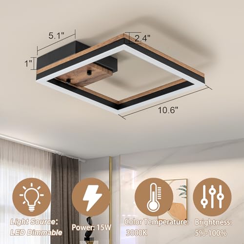 Image of Modern Square Led Ceiling Light, Dimmable Wood LED Flush Mount Ceiling Light Fixture, Minimalist Wood Ceiling Lamp for Kitchen, Bedroom, Hallway