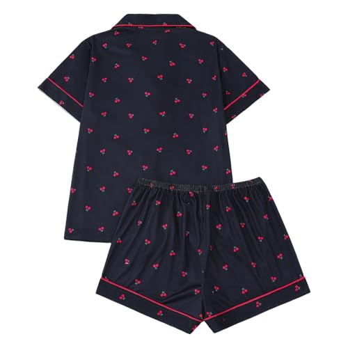 Pyjama femme imprimé cerises ensemble short vêtement de nuit manches courtes homewear confortable