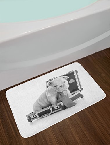 Ambesonne Badematte mit englischer Bulldogge, Krawatte mit Welpe sitzend in einer Aktentasche, Graustufen-Illustration, Plüsch-Badezimmerdekormatte mit rutschfester Unterseite, 76,7 x 50,8 cm, Grau