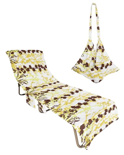 Fall Leaves Beach Chair Towel Covers for Chaise Lounge With Side Pocket, Soft Plush Pool Towels Cover for Patio Sunbathing Outdoor 29''x85'' Botanical Plant Tree Branches Yellow