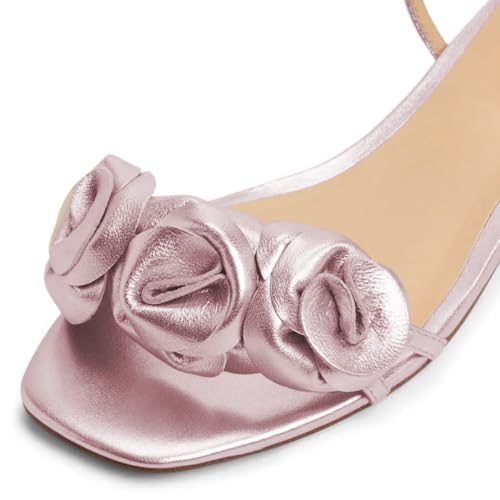 miss left Women Lovely Flowers Open Square Toe Flat Sandals Ankle Strap Buckle Comfy Low Heel Party Casual Dress Shoes Size 4-16 US4