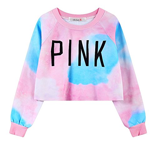 Girls Teens Womens Sweetshirt Pullover Sweater Crop Tops(Tie Dye Pink 2)