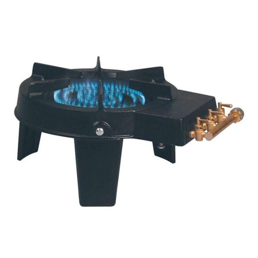 Réchaud à Gaz en Fonte Véritable 9kW Noir – 2 Brûleurs Puissants pour Grands Volumes – 3 Pieds Robustes, 3 Robinets en Laiton – Cuisson Extérieure Camping, Fête, Grosse Marmite, Alambic, Stérilisation