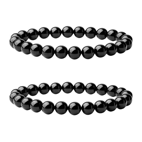 2 Stück 8mm Schwarzer Obsidian Perlenarmband,Handgefertigte Echte Natursteine Armbänder,Herren,Damen Chakren Perlenarmband,Handmade Echte Naturstein Perlen Heilsteine ArmbandKristalle,Ersatzperlen
