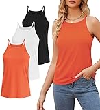 Degkim High Neck Tank Top for Women Camisole Trendy Sleeveless Shirts Loose Fit Cami Tanks 3 Pack Black White Orange S