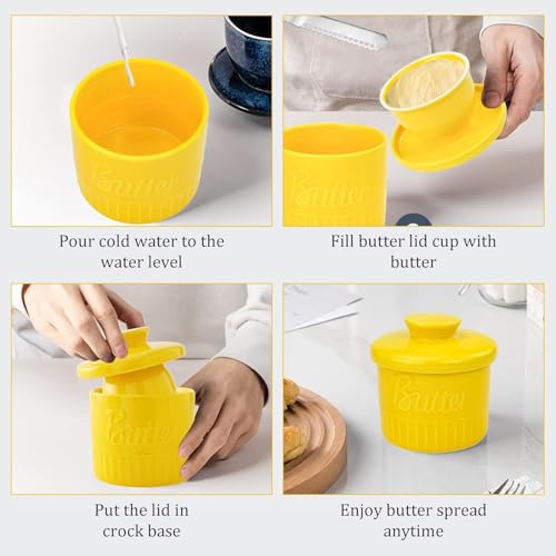 Image of Butter Crock with Water Seal Lid - 192 mL Ceramic Butter Keeper, Airtight French Butter Dish, Countertop Butter Storage Container, Dishwasher Safe, Yellow