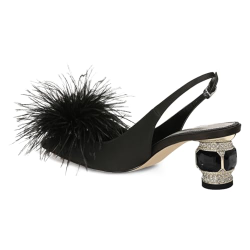 FSJ Women Fashion Fur Fur Closed Square Toe Slingback Pumps Crystal Block Low Heel Fuzzy Party Prom Dress Shoes Size 4-16 US4