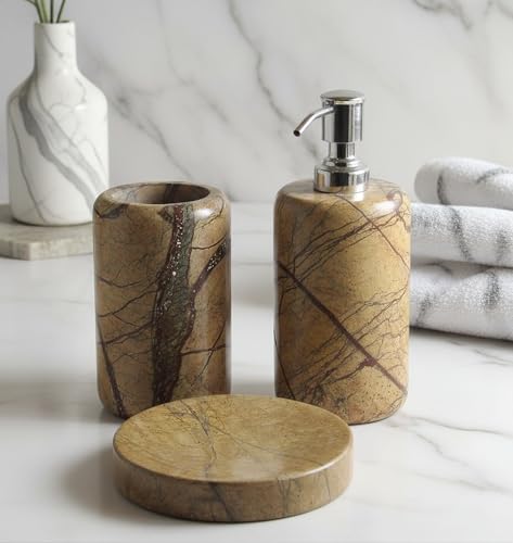 Image of Bath Accessories Set. 3 - Piece Set of Natural Golden Brown Marble Stone Made Bathroom Set Accessories with Soap Dispenser,Soap Dish and Tumbler.