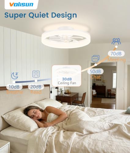 Image of VOLISUN Low Profile Ceiling Fans with Lights and Remote, 16in Fandelier Ceiling Fan Flush Mount, 3000K-6500K Smart Bladeless LED Fan Light, White Modern Ceiling Fans with Lights for Bedroom