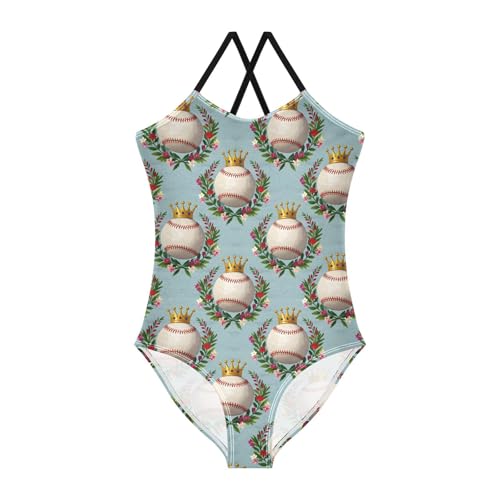 ALAZA Baseball Crown Flower Cute Girls Swimsuit Bathing Suit Beach Swimwear One Piece 4T