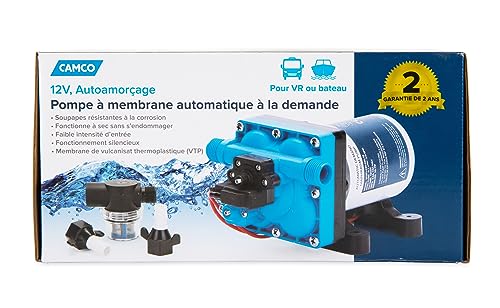 Image of Camco RV /Marine Variable Flow Automatic Demand Diaphragm Water Pump | 12 Volt DC | 3.0 GPM Flow Rate with a 55-PSI Cutoff | Measures 8-inches (L) x 5-inches (W) x 4-3 /8-inches (H) | (22491)
