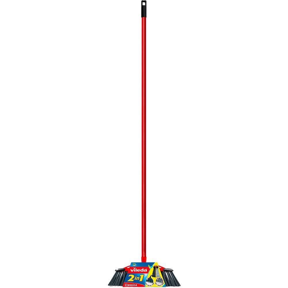 Vileda Classica 2 in 1 Scopa con Manico, Fibre per Polvere e Capelli, Plastica, Rosso/Nero, 32x5.3x78 cm