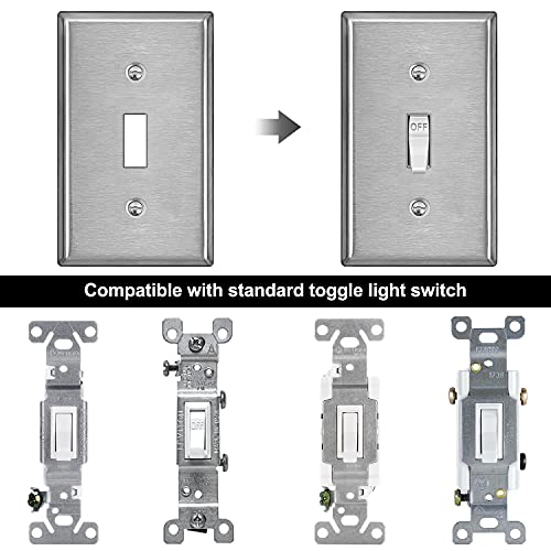 [5 Pack] Bestten 1-Gang Toggle Metal Wall Plate With Ｗhite Or Clear Plastic Film, Anti-Corrosion Stainless Steel Light Switch Cover, Industrial Grade Stainless Steel, Standard Size, Brushed Finish #TOP7