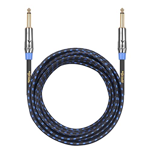 Clef Audio Labs Instrument Guitar Cable, 15ft - 1/4 inch TS Straight to Straight Electric bass Guitar AMP Cord, 22AWG, Chrome Zinc Alloy Shell, Blue Braided Jacket