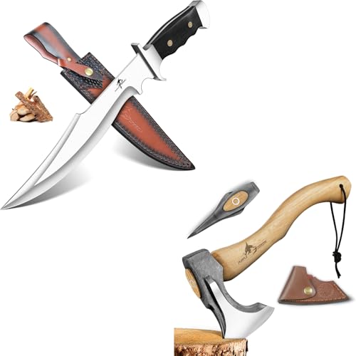 Purple Dragon Camping Hatchet Splitting Axe Bundle with Black Fixed Blade Bowie Knife