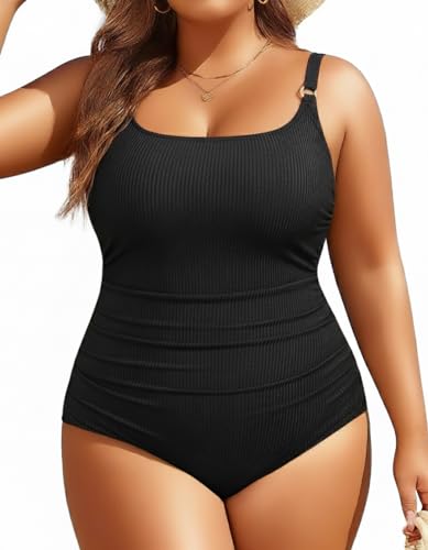 Women's Plus Size One Piece Swimsuit- Tummy Control Bathing Suit Ribbed Square Neck Swimwear 2025