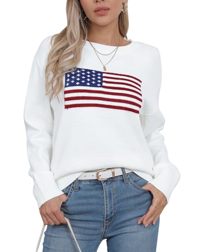Image of Womens American Flag Sweater Crew Neck Casual Pullover Sweater