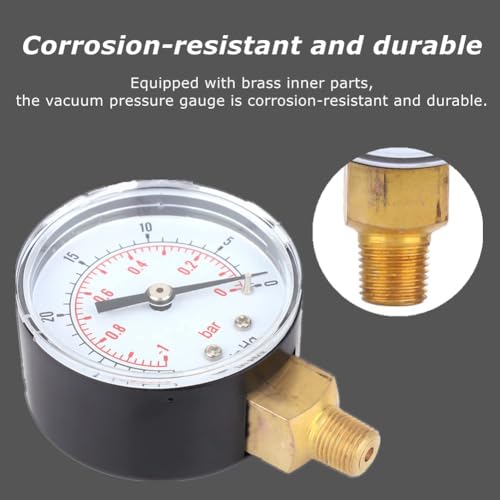 Regun Radialölgefülltes Vakuum Manometer, -1-0Bar -30-0inhg Universal Vakuum-Druckmanometer 50mm 1/8 BSPT Messing Unterdruck Manometer für Wasser, Öl, Luft oder Gas
