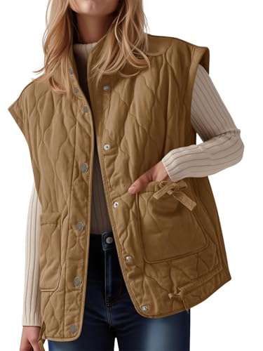 Cicy Bell Womens Puffer Quilted Vest Lightweight Stand Collar Cap Sleeve Jackets Button Down Padded Gilet Winter Outerwear
