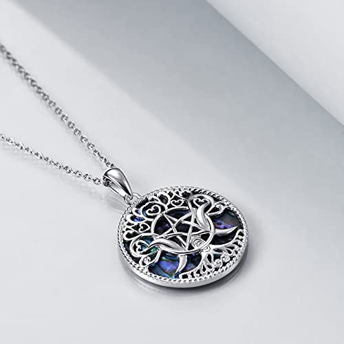 YFN Triple Moon Goddess Necklace Sterling Silver Pentagram Pentacle Opal Pendant necklace Pagan Wiccan Magic Amulet Tree of Life Jewelry for Women Men 18"4