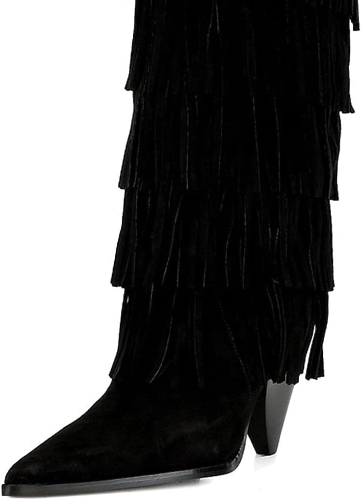 XYD Women Chic Layered Fringes Knee High Boots Cone Cork Heels Pointed Toe Pull-on Western Booties Party Dates Shoes