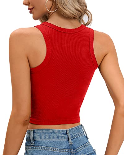Clozoz Womens Tank Tops Round Neck Ribbed Sleeveless Crop Tops For Women High Neck Basic Crop Tank Top Red #TOP2