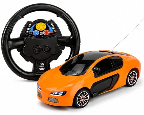 Image of High Speed RC Racing Car with Steering Wheel Remote, Featuring 3D Light Effects, Forward & Reverse Motion, Battery Operated, Easy to Operate for Kids, Indoor Outdoor Fun.