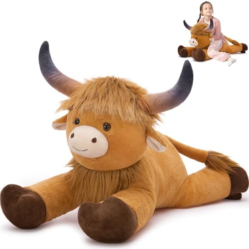 MaoGoLan Big Highland Cow Stuffed Animal for Kid,Large Cow Plush Pillow for Riding,Longhorn Stuffed Animal with Hair,Large Plush Farm Animal for Baby Shower, Birthday Gift,32 inches