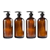 4 pack Amber Glass Bottle Bottles with Plastic Pump.Eco-friendly 8oz 8 oz Refillable Bottle for Cooking Sauces,Essential Oils,Lotions,Liquid Soaps or Organic Beauty Products(4 Chalkboard Labels free)