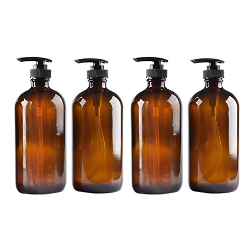 4 pack Amber Glass Bottle Bottles with Plastic Pump.Eco-friendly 8oz 8 oz Refillable Bottle for Cooking Sauces,Essential Oils,Lotions,Organic Beauty Products(4 Chalkboard Labels free)