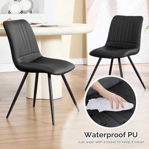 Image of Dining Chairs Set of 6, Modern Dining Chairs with Thick Cushions, Faux Leather Kitchen Chairs with Metal Legs for Dining Living Room (Black)
