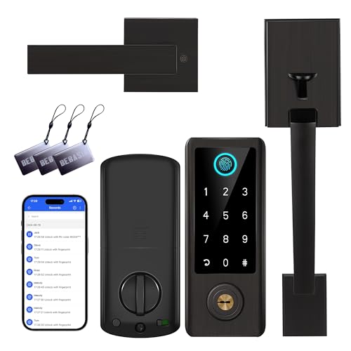Fingerprint Door Lock with Handle Sets, BEBASIA Keyless Entry Door Lock, Bluetooth Front Door Lock Set, Smart Deadbolt, Electronic Keypad Digital Lock with Handle, Aged Bronze