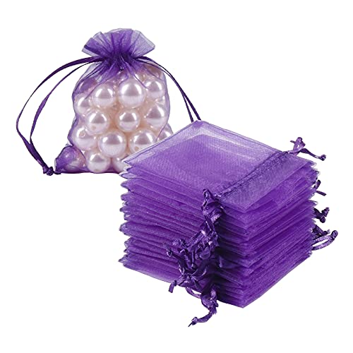 Image of HRX Package 100pcs Little Organza Bags 3 x 4 inch, Purple Mesh Bags Drawstring Pouches for Jewelry Bracelets Candy Party Favor Small Gift