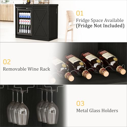 Image of Coffee Bar Cabinet with Mini Fridge Space, 49.2'' Farmhouse Kitchen Buffet Hutch with Power Outlet, Fridge Cabinet with Sliding Barn Door, Wine Rack, Glass Holder for Kitchen Dining Room (Black)