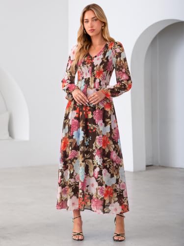 Simplee Womens Long Sleeve Boho Floral Wedding Guest Chiffon Maxi Dress,Coffee M — view 6