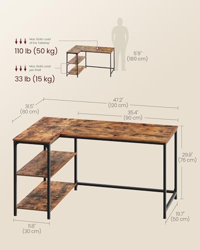 VASAGLE L Shaped Corner Desk, Computer Gaming Desk with Storage, Reversible Height-Adjustable Shelves, for Home Office, 120 x 80 cm, Rustic Brown LWD136KD01 - Image 2
