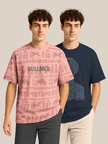 Image of BULLMER Trendy Half Sleeve Oversized Cotton Blend Crew Neck Tshirt for Men - Pack of 2