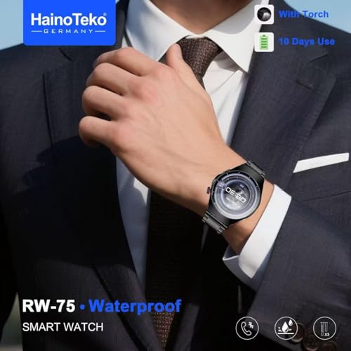 Image of HainoTeko RW-75 Waterproof Smart Watch with AMOLED Curved Display 3 Set Straps and in Built Torch for Mens (Silver)