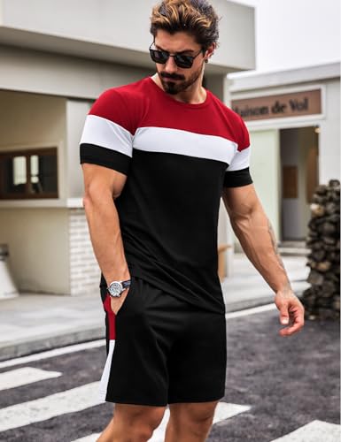 Babioboa Men's Short Sleeve Colorblock T Shirt & Shorts Sweatsuit Set Summer 2 Piece Outfits Casual Athletic Sports Tracksuit2