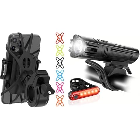 TruActive Premium Bike Phone Mount Holder & Bike Light Set Bundle | Universal Cell Phone Mount for 4"-7" Phones | USB Rechargeable Ultra-Bright Front Headlight and Back Tail Lights | Easy Installation Cover