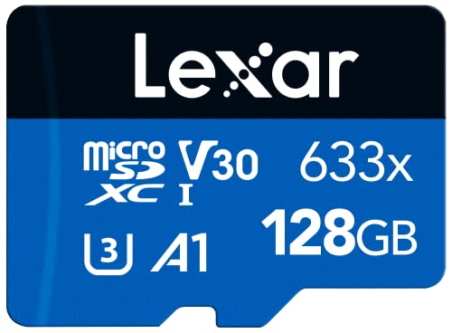 128GB– Class 10, A1, UHS-I (U3), V30, 633x (up to 100MB/s read, up to 45MB/s write)