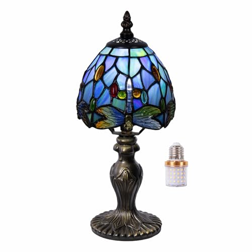 Radtiff Small Tiffany Style Stained Glass Table Lamp 6in Blue Dragonfly 3-Color-Temperature Lamp for Bedside Living Room Office Decor Home Included LED Bulb