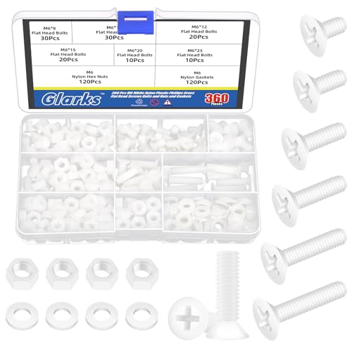 Glarks 360pcs M6 x 8/10/12/15/20/25MM Nylon Phillips Countersunk Head Bolt Machine Screw, White Phillips Cross Flat Head Machine Screws Bolts for Various Industrial Fastening Applications