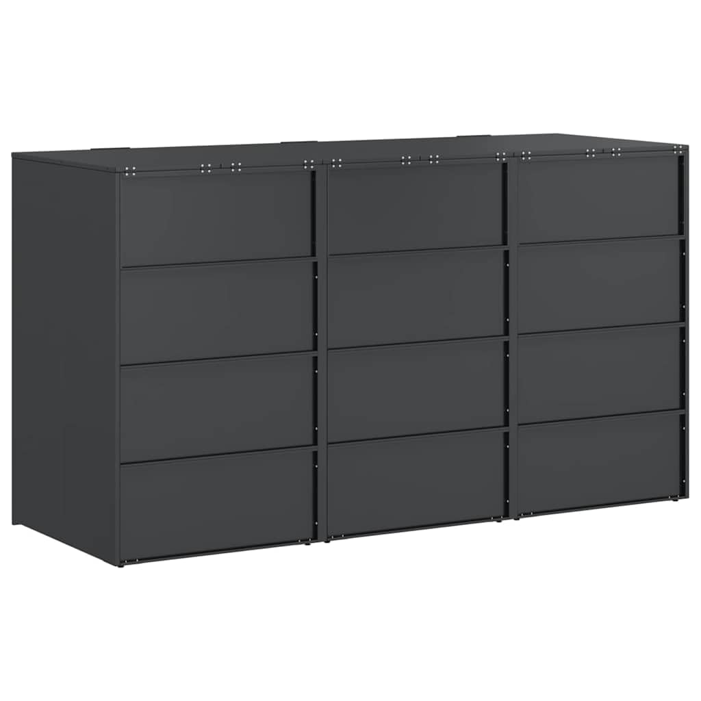 ACAGALA Copribidone per Spazzatura per 3 Bidoni 120 e 240L con Coperchio, Antracite, Acciaio Inox Resistente alle Intemperie & Porta con Superficie in Legno, 2 Ante e Design Espandibile, 65x73x113 cm