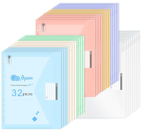 Agoer 32 Pochettes Plastique Transparent A4+ avec Fermeture - 7 Couleurs Assorties avec 11 Trous - Pochette Perforée A4 Translucide de180 Microns avec Poches pour étiquettes - Pour la Maison, le école