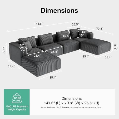 Image of Novilla 141 inch Modular Sectional Sofa, U Shape Freestyle Sectional Couch, Modern Cloud Design with Smarts Coil Support, Boneless Couch for Living Room Apartment, No Assembly Required, Dark Gray