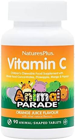 NaturesPlus Animal Parade Vitamin C Children's Chewable - Natural Orange Juice Flavor - 90 Animal-Shaped Tablets - Vegan, Vegetarian, Gluten Free - 45 Servings