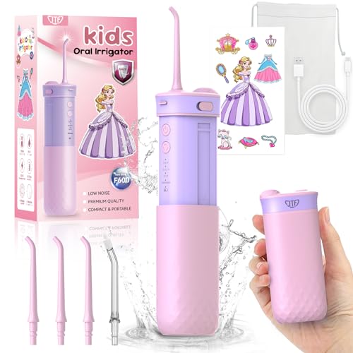 JTF Hydropulseur dentaire pour enfants : Irrigateur buccal portable rechargeable avec 4 modes de fil dentaire, réservoir de 230 ml, 4 embouts de sac de voyage, autocollants étanches, fils dentaires