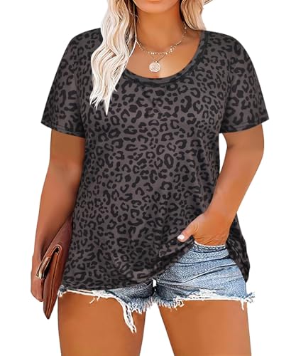 Image of CARCOS Plus Size Tops for Women Short Sleeve Shirt Summer Star /Leopard /Tie Dye /Flower Crewneck Pullover Tunic XL-5XL
