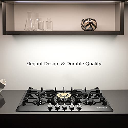METAWELL Black Gas Cooktop 30 inch - 5 Burner Built In Gas Cooktop, Titanium Stainless Steel Gas Stoves, Gas Top Stove with Golden Burner, Dual Fuel LPG/NG Convertible Natural Gas Hob, Easy to Clean